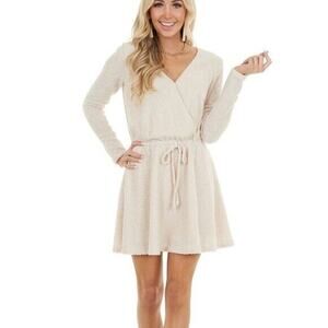 NITT by Flying Tomato Dress Womens S Small Beige V Neck Drawstring Waist Lined